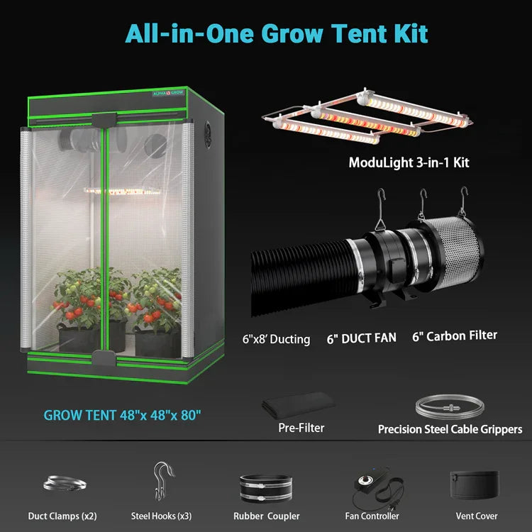 MIMEO All-in-One Grow Tent Kit with LED Grow Light, Inline Fan & Carbon Filter for Indoor Hydroponics