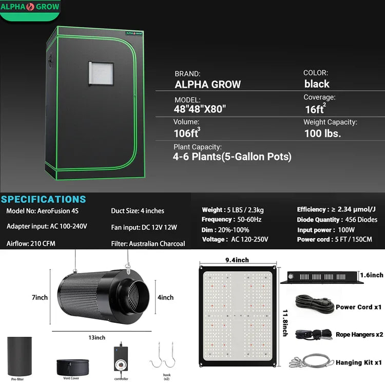 MIMEO indoor grow tent with LED light, inline fan & carbon filter – stealth hydroponics turnkey kit
