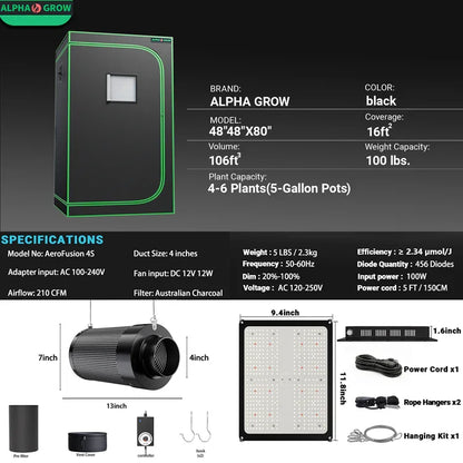 MIMEO indoor grow tent with LED light, inline fan & carbon filter – stealth hydroponics turnkey kit