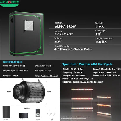 MIMEO indoor grow tent with LED light & carbon filter – stealth hydroponics turnkey kit for 4-6 plants