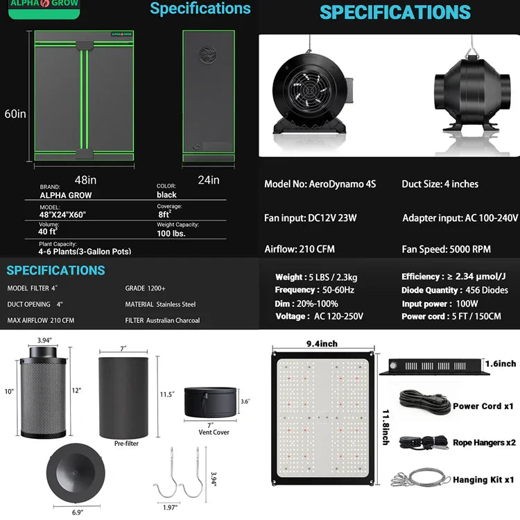 MIMEO Stealth Indoor Grow Tent Kit with LED Light, Inline Fan & Carbon Filter – Turnkey Hydroponics Setup