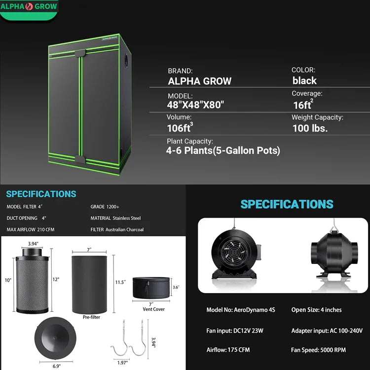 MIMEO indoor grow tent with LED light, carbon filter & inline fan for stealth hydroponics setup