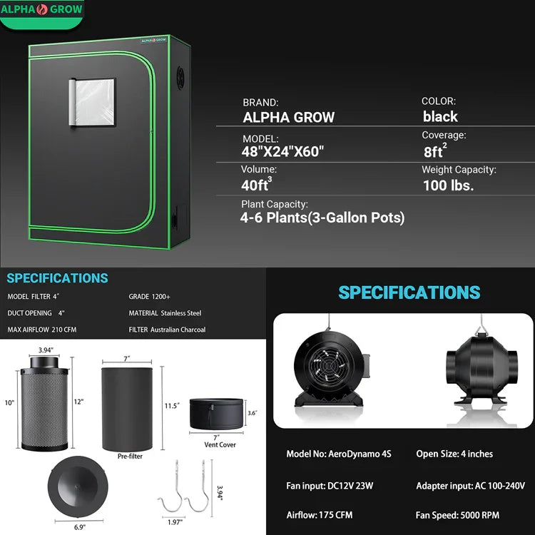 MIMEO indoor grow tent with LED light, inline fan & carbon filter for stealth hydroponics setup