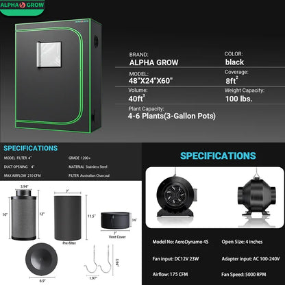 MIMEO indoor grow tent with LED light, inline fan & carbon filter for stealth hydroponics setup