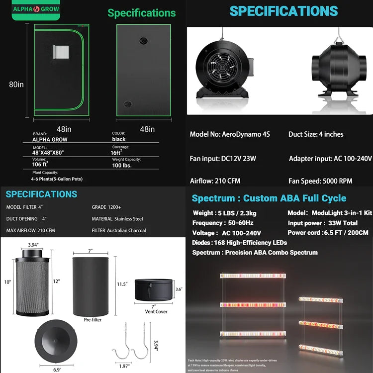 MIMEO indoor grow tent kit with LED grow light, inline fan & carbon filter for stealth hydroponics