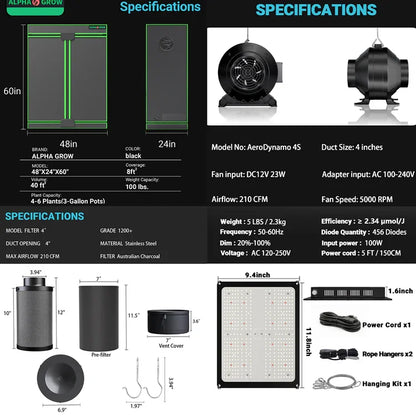 MIMEO Stealth Grow Tent Kit with LED Light, Inline Fan & Carbon Filter for Indoor Hydroponics
