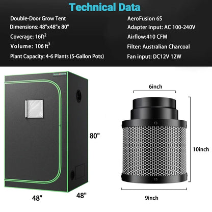 MIMEO Double-Door Grow Tent with AeroFusion 6S Carbon Filter for Indoor Hydroponics Stealth Growing