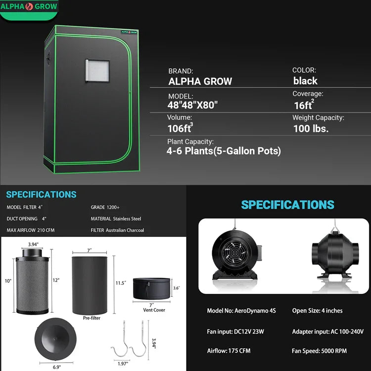 MIMEO indoor grow tent with LED light, carbon filter & inline fan for stealth hydroponics setup
