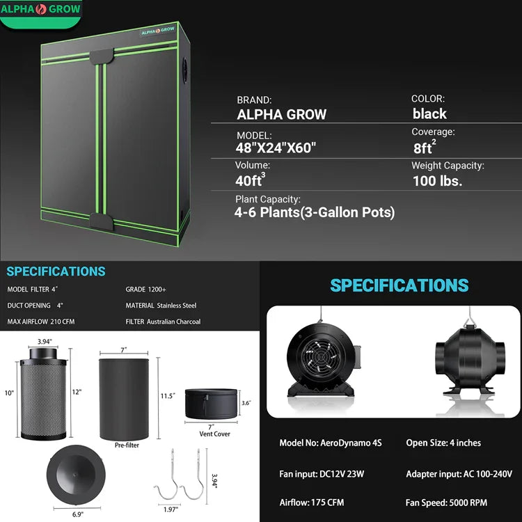 MIMEO Stealth Grow Tent with LED Light & Carbon Filter – Turnkey Indoor Hydroponics Kit