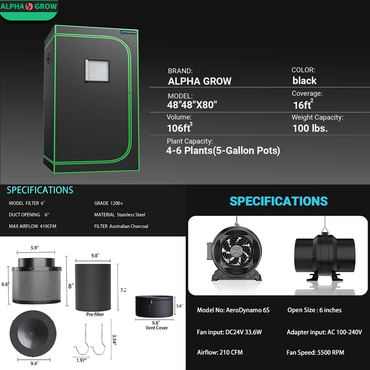 MIMEO Stealth Grow Tent with LED Light & Carbon Filter – Turnkey Indoor Hydroponics Kit