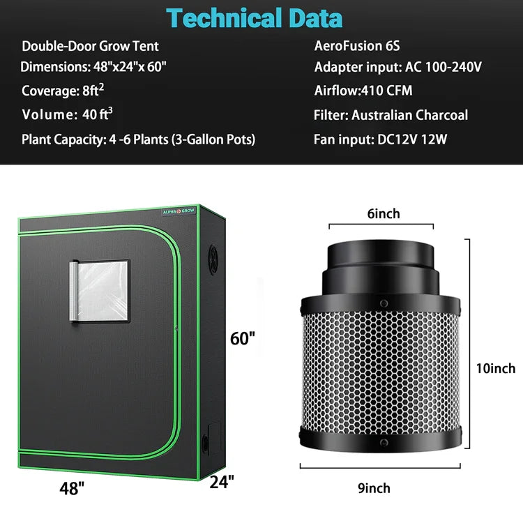 MIMEO Double-Door Grow Tent with AeroFusion 6S Carbon Filter, 48x24x60 inches, ideal for indoor hydroponics
