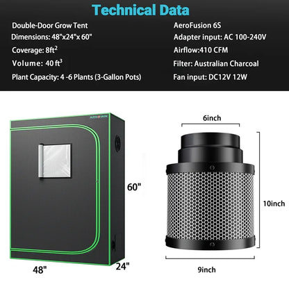 MIMEO Double-Door Grow Tent with AeroFusion 6S Carbon Filter, 48x24x60 inches, ideal for indoor hydroponics