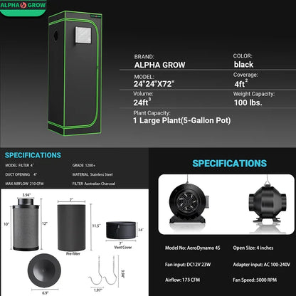 MIMEO indoor grow tent with LED light, carbon filter & inline fan for stealth hydroponics setup