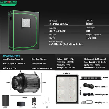 MIMEO Stealth Grow Tent Kit with LED Light, Inline Fan & Carbon Filter for Indoor Hydroponics