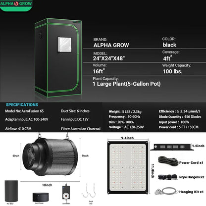 MIMEO Stealth Grow Tent Kit with LED Light, Inline Fan & Carbon Filter for Indoor Hydroponics