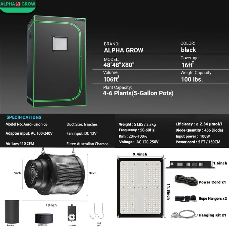 MIMEO indoor grow tent kit with LED light, inline fan & carbon filter for stealth hydroponics