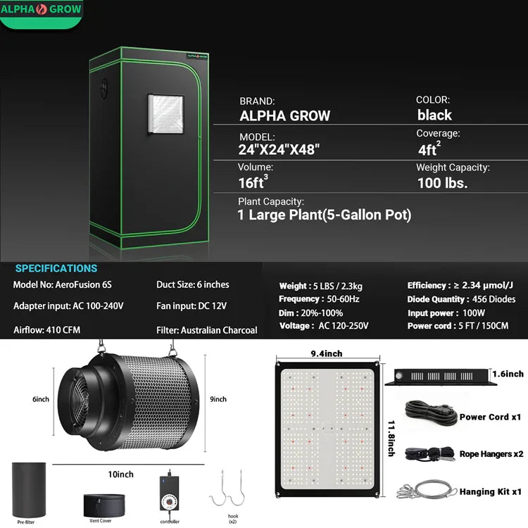 MIMEO Stealth Grow Tent Kit with LED Light, Inline Fan & Carbon Filter for Indoor Hydroponics