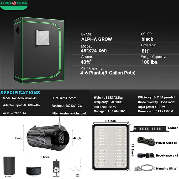 MIMEO Stealth Grow Tent Kit with LED Light & Inline Fan for Indoor Hydroponics