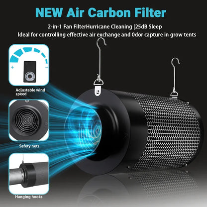 MIMEO 2-in-1 Air Carbon Filter with Inline Fan for Grow Tents, 25dB Quiet, Adjustable Speed, Hanging Hooks