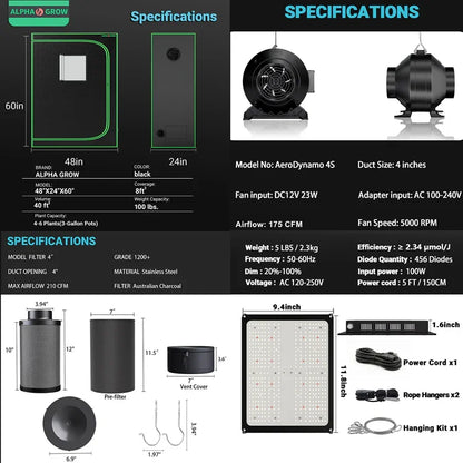 MIMEO indoor hydroponics turnkey kit with grow tent, LED light, inline fan & carbon filter for stealth growing