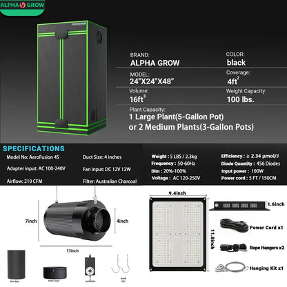 MIMEO Stealth Grow Tent Kit with LED Light & Inline Fan for Indoor Hydroponics
