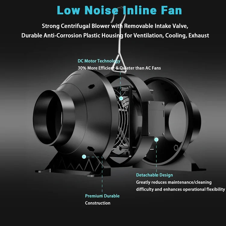 MIMEO Low Noise Inline Fan for Hydroponics & Grow Tents – DC Motor, Durable Plastic Housing, Detachable Design