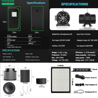 MIMEO hydroponic grow tent kit with LED light, inline fan & carbon filter for stealth indoor gardening