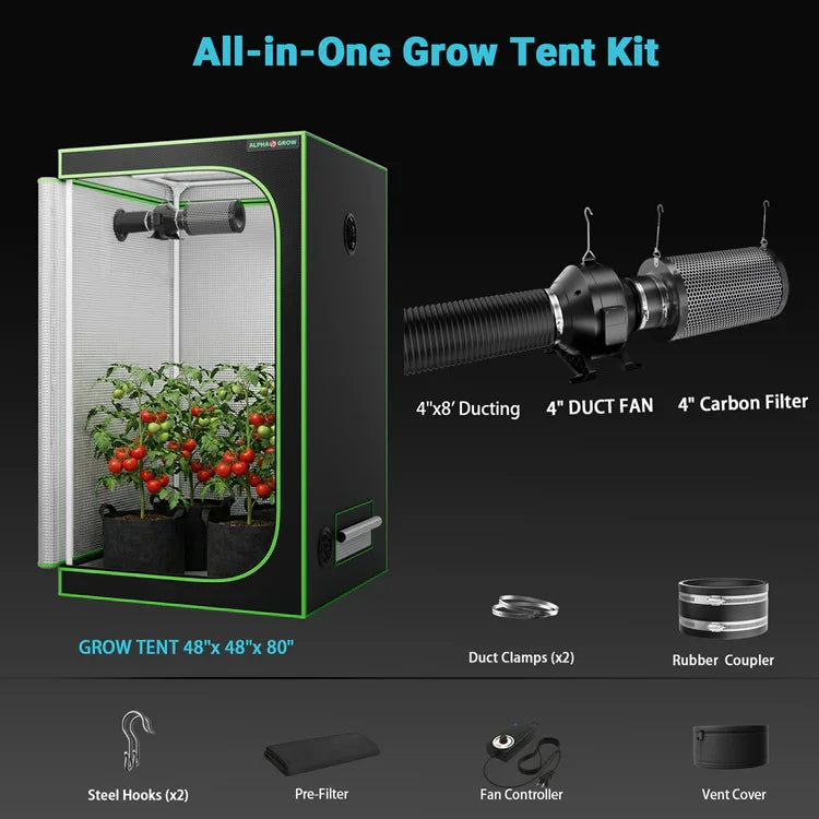 MIMEO All-in-One Grow Tent Kit with LED Light, 4" Duct Fan & Carbon Filter for Indoor Hydroponics