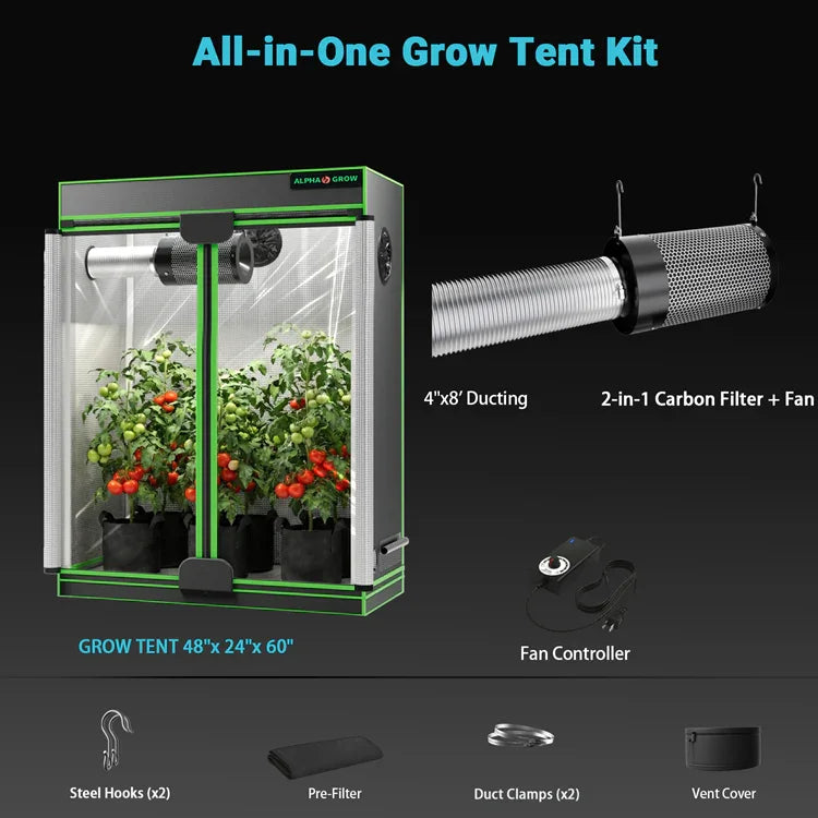 MIMEO All-in-One Grow Tent Kit with LED Light, Carbon Filter & Fan for Indoor Hydroponics
