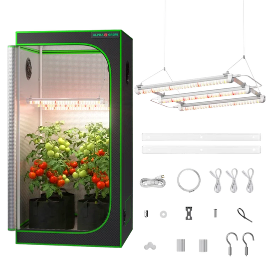 MIMEO indoor grow tent with LED lights, hydroponic tomato plants, and turnkey kit accessories for stealth growing.