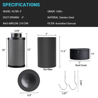 MIMEO 4" Carbon Filter for Indoor Hydroponics with Pre-filter & Vent Cover, 210 CFM, Stainless Steel