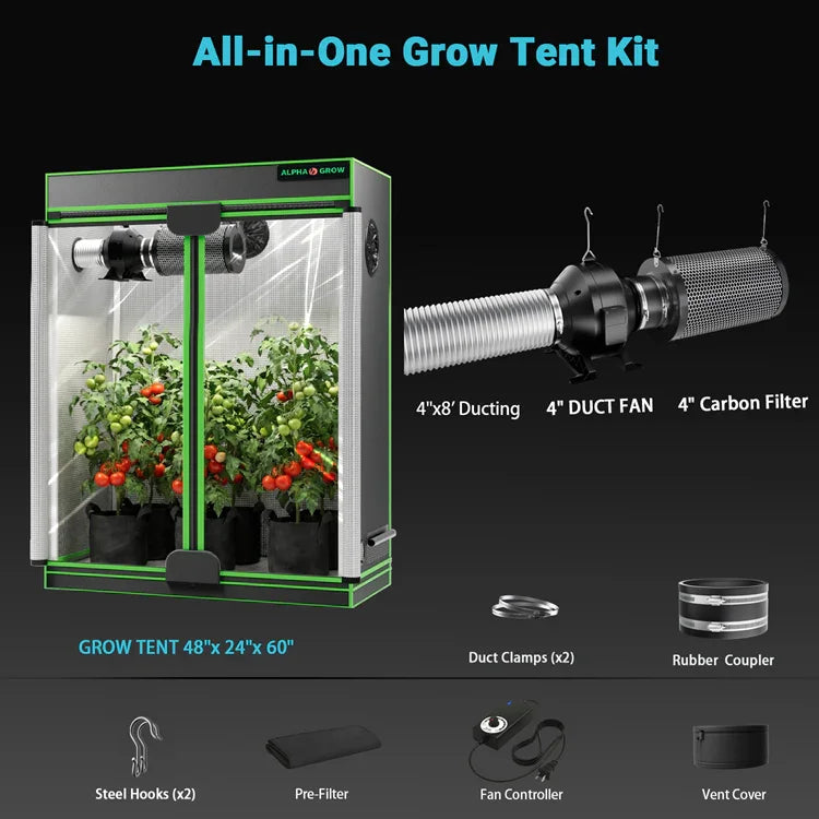 MIMEO All-in-One Grow Tent Kit with LED Light, 4" Duct Fan & Carbon Filter for Indoor Hydroponics