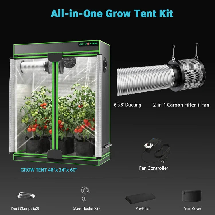 MIMEO All-in-One Grow Tent Kit with LED Light, Carbon Filter & Fan for Indoor Hydroponics