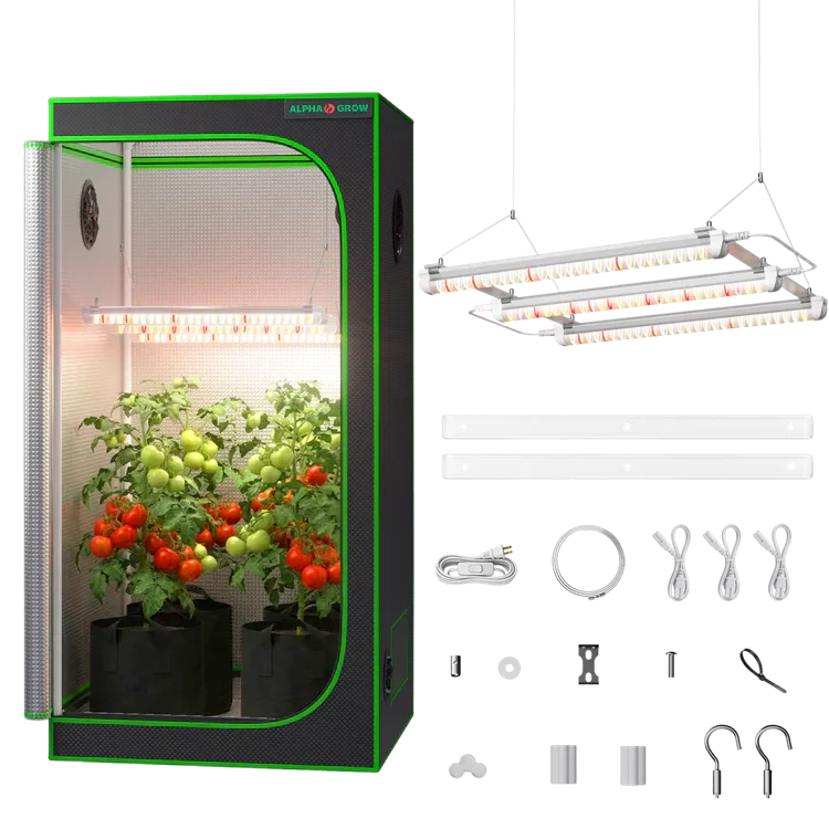 MIMEO indoor grow tent with LED lights, tomato plants, and hydroponic setup – turnkey stealth growing kit