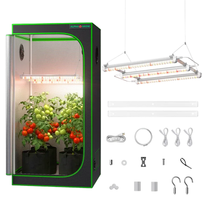 MIMEO indoor grow tent with LED lights, tomato plants, and hydroponic setup – turnkey stealth growing kit