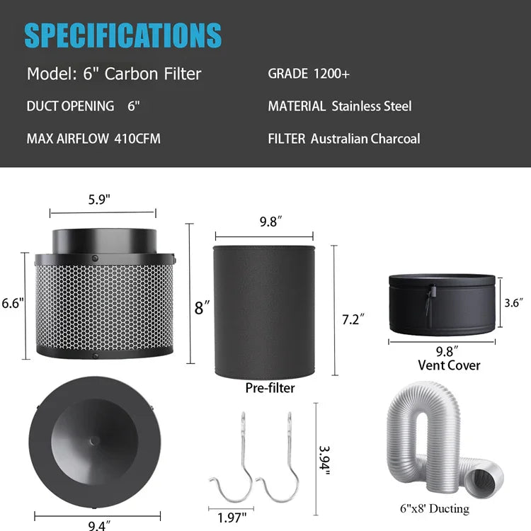 MIMEO 6" Carbon Filter with Pre-filter, Vent Cover & Ducting for Indoor Hydroponics Grow Tents