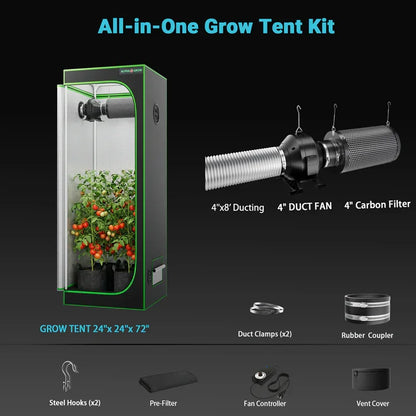 MIMEO All-in-One Grow Tent Kit with LED Light, 4" Duct Fan & Carbon Filter for Indoor Hydroponics