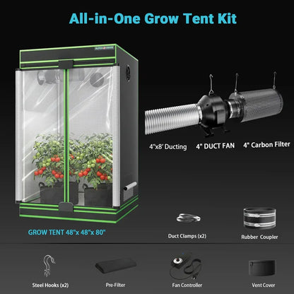 MIMEO All-in-One Grow Tent Kit with LED Light, 4" Duct Fan & Carbon Filter for Indoor Hydroponics