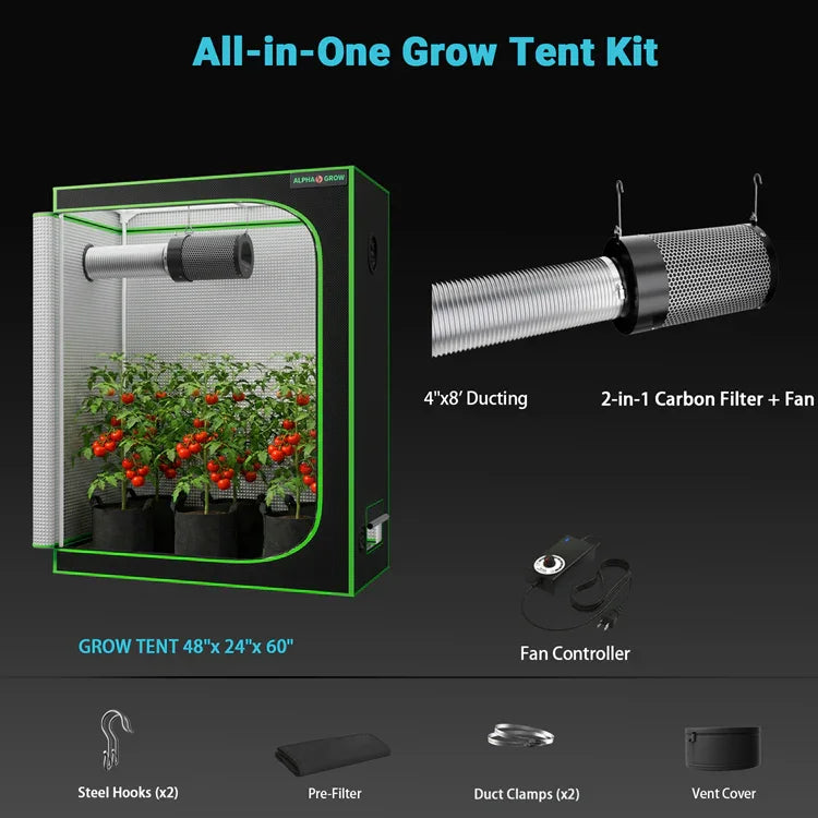 MIMEO All-in-One Grow Tent Kit with LED Light, Carbon Filter & Fan for Indoor Hydroponics