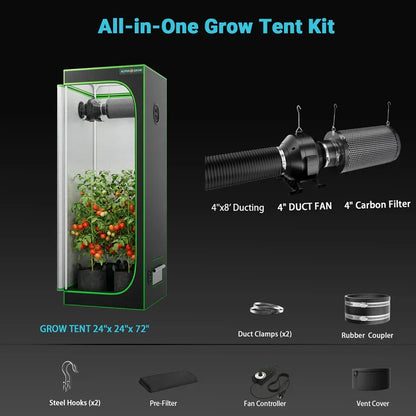 MIMEO All-in-One Grow Tent Kit with LED Light, 4" Duct Fan & Carbon Filter for Indoor Hydroponics
