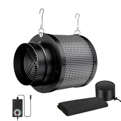 MIMEO inline fan with carbon filter, dimmer, and ducting for stealth indoor hydroponics grow tents