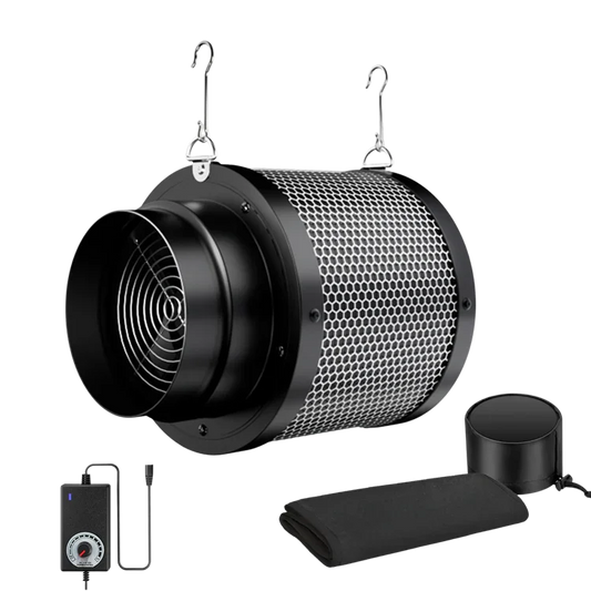 MIMEO inline fan with carbon filter, dimmer, and ducting for stealth indoor hydroponics grow tents
