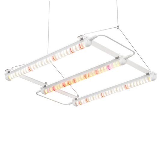 MIMEO LED Grow Light for indoor hydroponics, featuring full-spectrum panels in a suspended turnkey kit setup