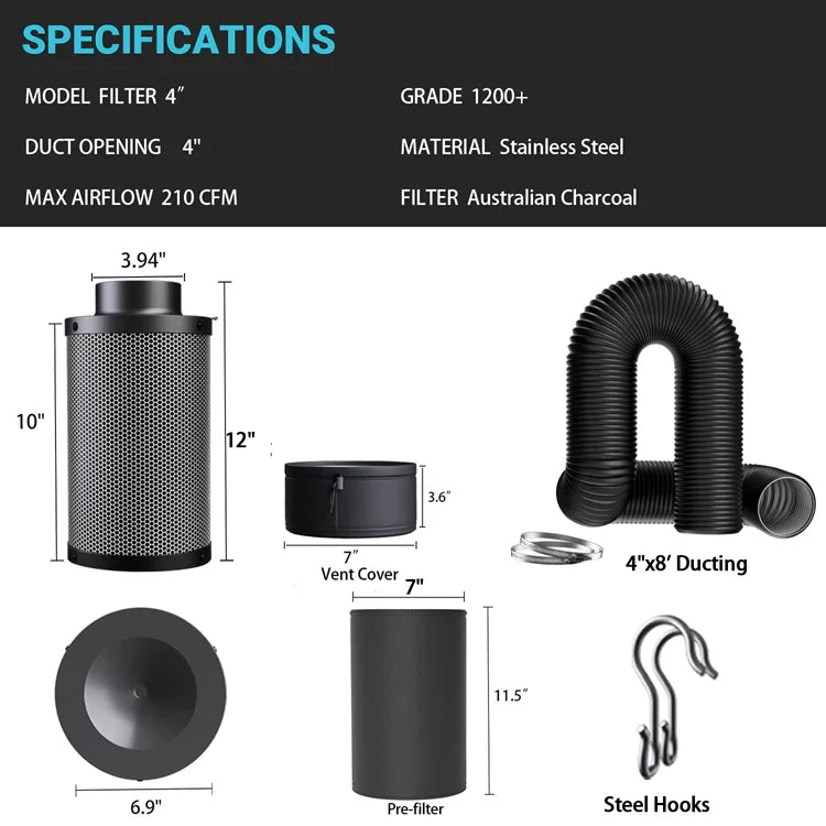 MIMEO 4" Carbon Filter Kit with Ducting & Steel Hooks for Indoor Hydroponics Grow Tents