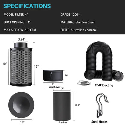 MIMEO 4" Carbon Filter Kit with Ducting & Steel Hooks for Indoor Hydroponics Grow Tents