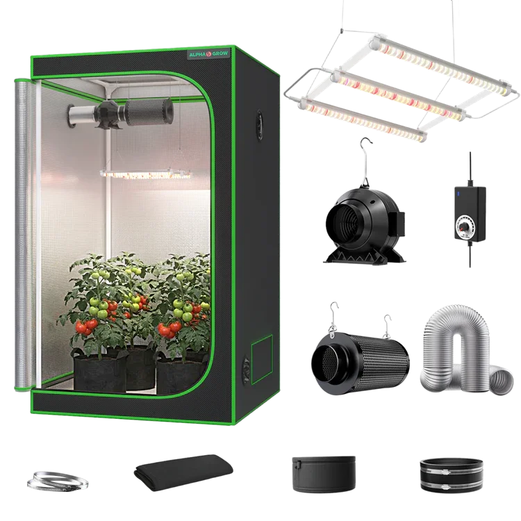 MIMEO indoor grow tent kit with LED light, inline fan, carbon filter, and hydroponic setup for stealth gardening