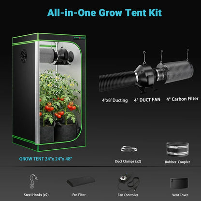 MIMEO All-in-One Grow Tent Kit with LED Light, 4" Duct Fan & Carbon Filter for Indoor Hydroponics