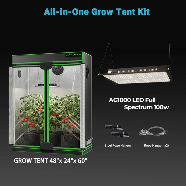 MIMEO All-in-One Grow Tent Kit with AG1000 LED Light, 48"x24"x60" Turnkey Indoor Hydroponics System