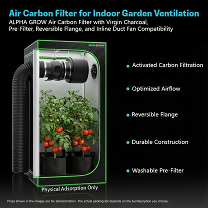 ALPHA GROW air carbon filter with reversible flange for indoor garden ventilation, shown with grow tent and plants