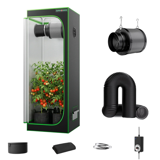 MIMEO indoor grow tent with LED light, carbon filter, inline fan, and ducting for stealth hydroponic gardening